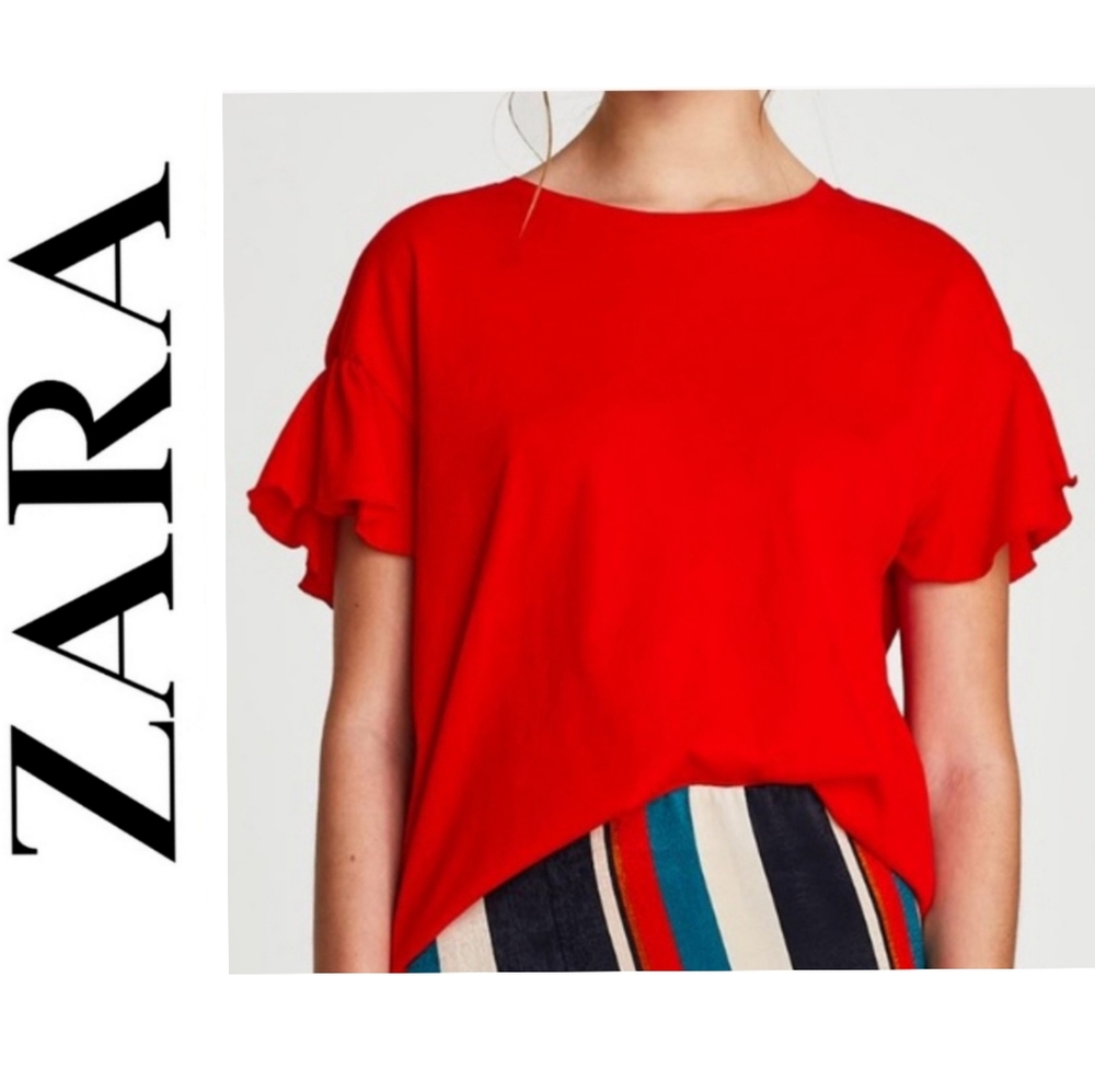 Zara Trafuluc Red T-shirt w/ Ruffle Sleeves